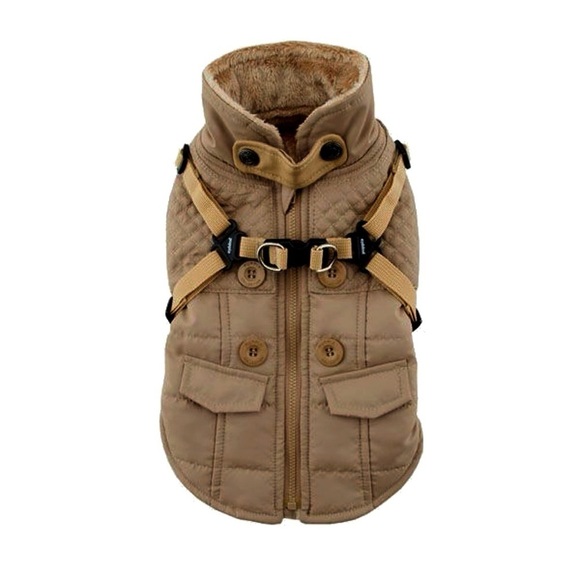 Tan Quilted Dog Jacket with Harness Wilkes Fleece Dog Vest by Puppia - Beige - Picture 1 of 8